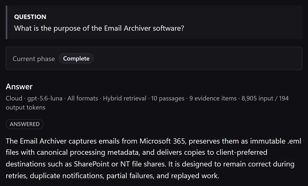 Data Discovery answering the question "What is the purpose of the Email Archiver software?". Above the answer, a summary line records ten passages and nine evidence items retrieved.