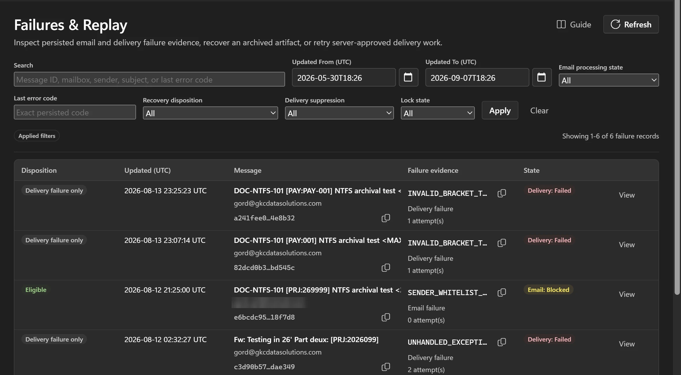 The Failures and Replay screen listing delivery failures. Each row records when it was updated, the message, the persisted failure evidence, the number of attempts and the resulting state.