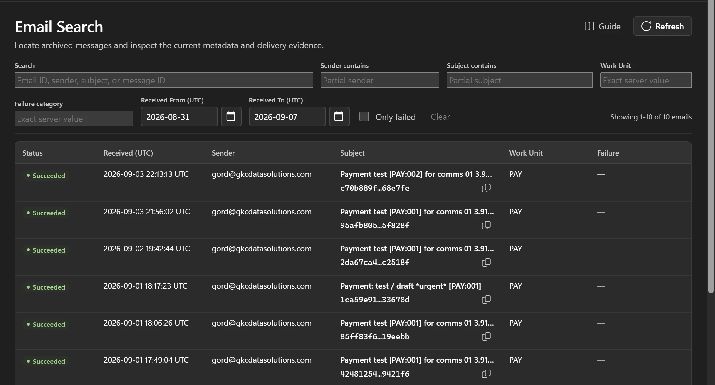 The Email Search screen. Messages are filtered by sender, subject, work unit and a received date range, and the results list the status, received time, sender, subject and work unit of each archived message.